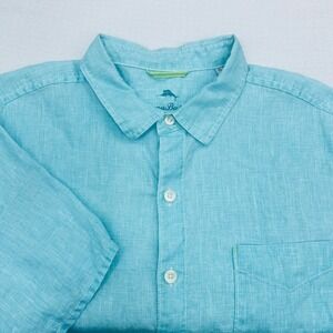 Tommy Bahama Linen Shirt Mens XL Short Sleeve Aqua Turquoise Coastal Resortwear
